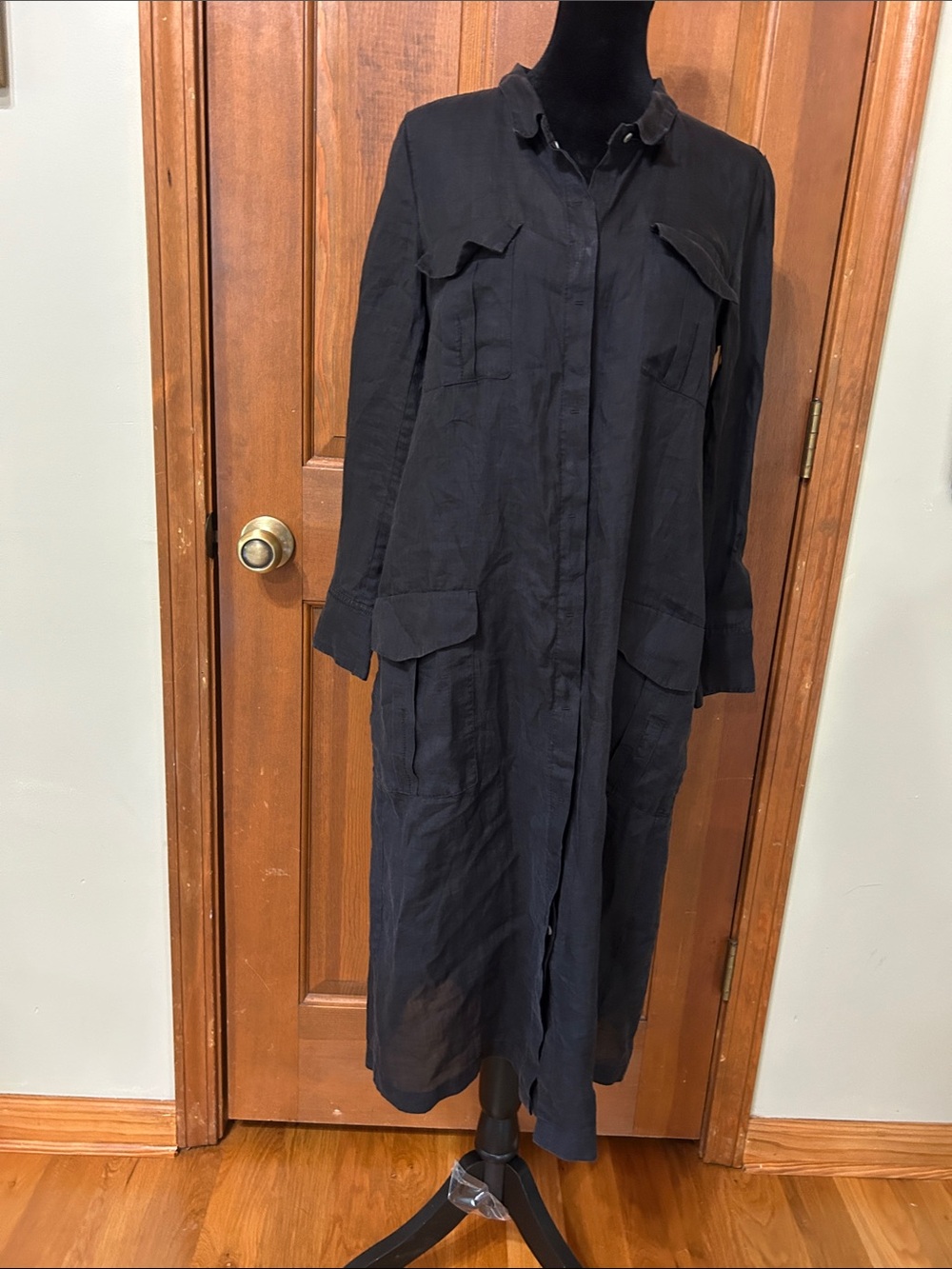 Max Mara Black Linen Utility Shirt Duster/Dress Long Sleeve 4 Pocket Midi